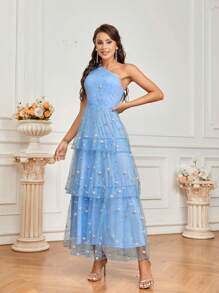 SHEIN Belle 高雅浪漫美麗的女人，水藍色網眼繡花單肩紮裝飾，高腰A型傘狀裙，多層蛋糕塔裝扮，復活節假期伴娘禮服 - 藍色 - 查看 6