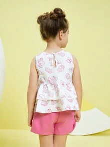 Gudetama X SHEIN Young Girl Cartoon Graphic Ruffle Hem Tank Top & Shorts Set - Multicolor - View 6