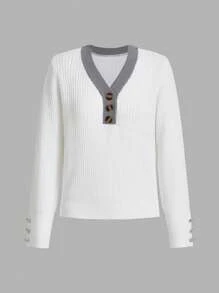 SHEIN LUNE Ladies' Button Front Long Sleeve Sweater, Knit Pullover Fall Winter - White - View 1