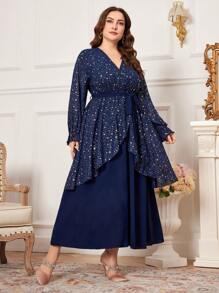 Modelyn Vestido De Talla Grande Para Mujer Con Estampado Dorado En El Cuello En V - Azul - Ver 3