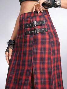 Grunge Punk Của phụ nữ Giải trí Punk Da giả Nút Đỏ  Kẻ sọc Chiều dài trung bình Váy - Đỏ - Xem 7