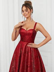 SHEIN Belle Elegante y romántico vestido de satén de jacquard rojo con taza de pecho, estilo de espiga apretado en la espalda, cordones, línea A para fiesta, tiempo de banquete, graduación, cóctel nocturno, vestido de graduación, vestido semiformal, vestido de invitado de boda - Rojo - Ver 4