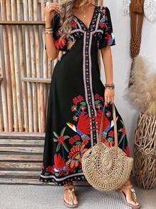 Breezaya Women's Floral Print Cut Out Waist Dress Maxi Vacation Beach Outfit - Black - View 4