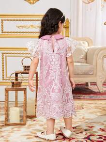 SHEIN Young Girl Sibling Outfits Casual Contrast Color Lace Collar A-Line Short Sleeve Dress