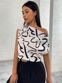 Firerie Blusa de mujer con estampado floral, cuello asimétrico y manga corta