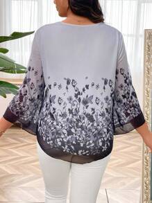 SHEIN LUNE Plus Floral Print Colorblock V-Neck Blouse - Grey - View 2