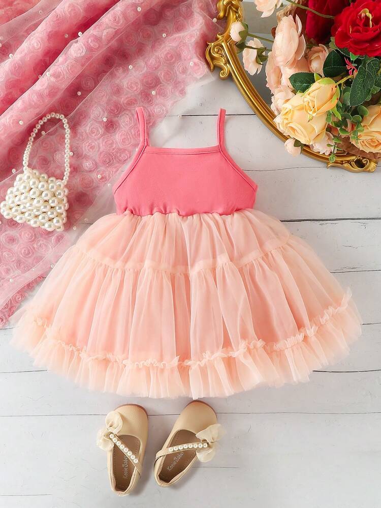 Baby Girl Elastic Cami Dress With Ruffled Mesh Layers, Soft And Quick Dry, Suitable For Spring And Summer