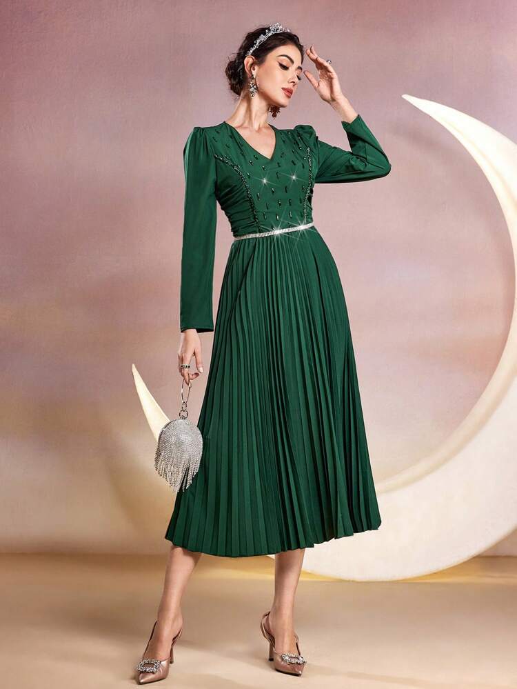 Women's Puff Sleeve Pleated Hem Dress, Elegant Evening Party Dress Long Evening Dresses