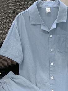 Conjunto De Dos Piezas Para Niños Preadolescentes: Camisa De Manga Corta De Color Sólido Con Bolsillos Y Pantalones Cortos De Color Sólido, Tela Tejida, Adecuado Para Vacaciones Casuales - Azul - Ver 6