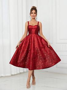 SHEIN Belle Elegante y romántico vestido de satén de jacquard rojo con taza de pecho, estilo de espiga apretado en la espalda, cordones, línea A para fiesta, tiempo de banquete, graduación, cóctel nocturno, vestido de graduación, vestido semiformal, vestido de invitado de boda - Rojo - Ver 5