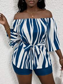 Zolique Women Two-piece Outfits Berikat Geometris Striped Random Print Casual - Blue and White - View 4