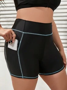 SHEIN Swim Curve 加大碼游泳裝底部,對比縫線,束帶腰,帶口袋 - 黑色 - 查看 4