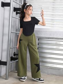 Tween Girl Sports Street Style Knit Solid Color Square Neck Short Sleeve Top And Knit Shorts Set - Army Green - View 6