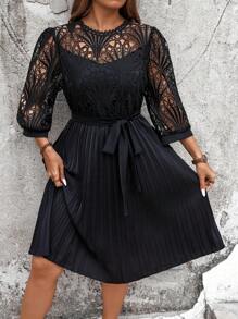 Rometta 大尺碼女裝燈籠袖百褶底裙 - 黑色 - 查看 3