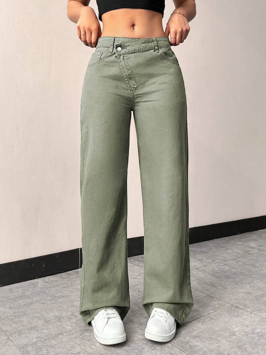 SHEIN Women's Asymmetrical High-Waisted Denim Pants - Army Green - View 1