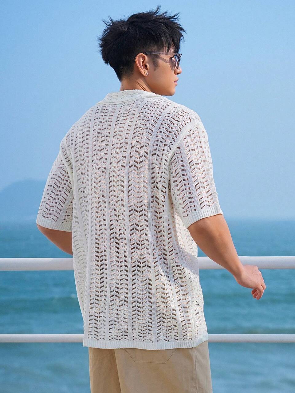 Men's Knitted Hollow Out Short Sleeve Top For Summer Vacation