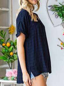 Women's V-Neck Loose Striped Top - Navy Blue - View 6