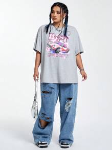 SHEIN EZwear CURVE 大尺碼汽車字母印花落肩 T 卹 - 淺灰色 - 查看 5