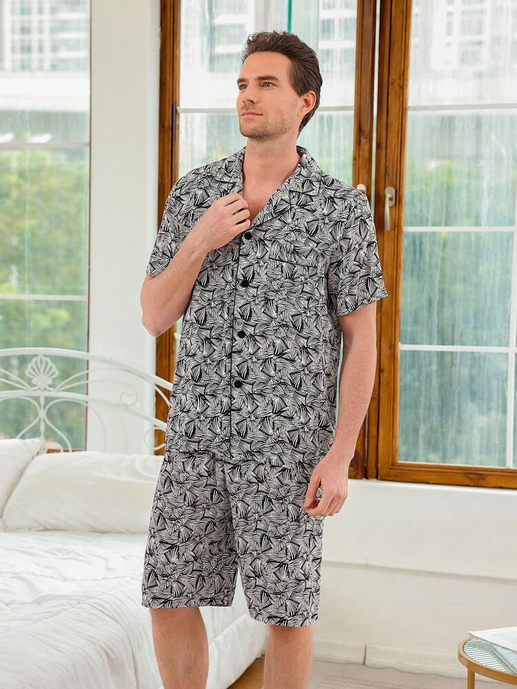 Men's Printed Short Sleeve Shirt And Shorts Homewear Set With Single-Breasted Closure