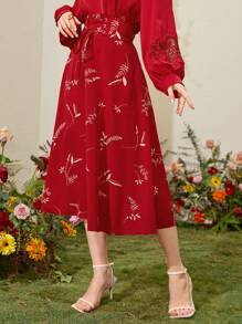 Seusyu 植物印花飘逸裙，适合新年服装 - 紅色 - 查看 6