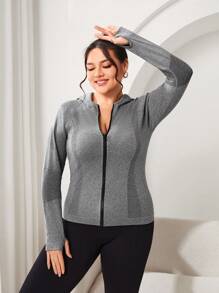 SHEIN Sports Plus Size Women's Long Sleeve Seamless Hooded Sports Jacket - Light Grey - View 3