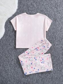 SHEIN 補間女孩可愛兔子圖案寬鬆休閒夏季針織家居服 2 件套 - 彩色 - 查看 2