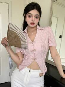 DAZY Ladies' Texture Jacquard Short Sleeve Shirt With Button Placket - Pink - View 1