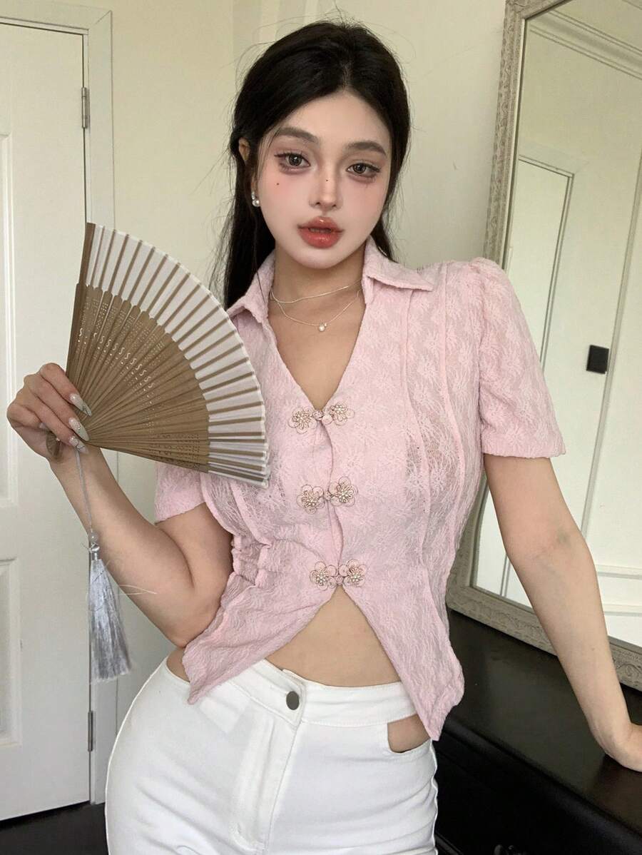 DAZY Ladies' Texture Jacquard Short Sleeve Shirt With Button Placket - Pink - View 1