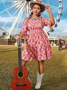 Breezaya 大尺碼女性露肩花卉印花洋裝,具有收緊腰裙襬設計