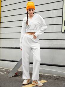 SHEIN Sports Ensemble De Vêtements De Sport À Capuche En V - Blanc - Voir 3