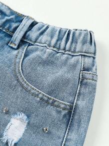 Shorts De Mezclilla Destrozados Para Niñas Adolescentes Con Dobladillo Deshilachado, Detalle De Pedrería Y Destrozado