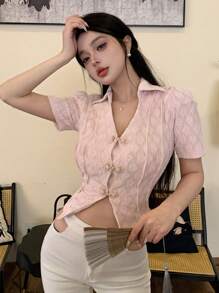 DAZY Ladies' Texture Jacquard Short Sleeve Shirt With Button Placket - Pink - View 5