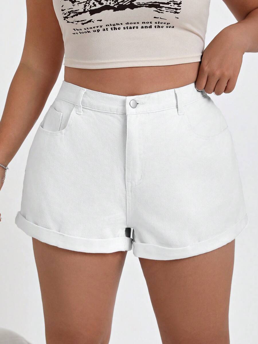 SHEIN EZwear Plus Size Women's Rolled Hem Denim Shorts