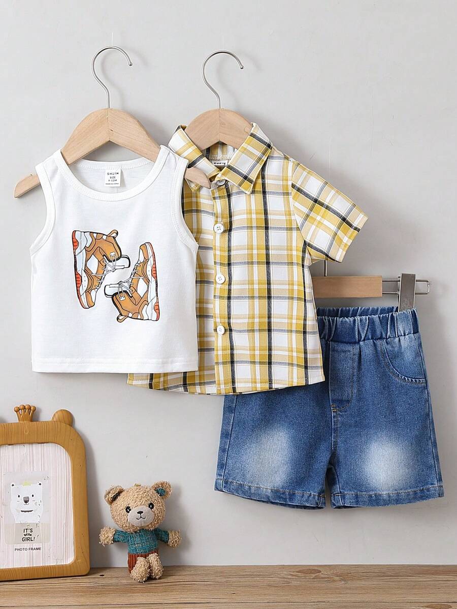 寶寶男孩3入組春/夏季黃色格子襯衫配鞋,印花短袖t恤和洗水牛仔短褲時尚套裝 - 彩色 - 查看 1