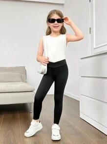 SHEIN Young Girl Knitted Solid Color Casual Leggings