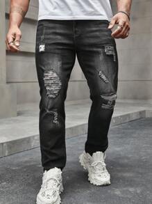 Manfinity LEGND Męskie jeansy slim fit z przetarciami i wąsami Długie postrzępione dżinsy Cargo Zwykły czarny Party Grunge
