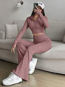 SHEIN EZwear Conjunto De Top Recortado Y Pantalón Largo Con Cremallera Frontal - Rosa vieja - Ver 6