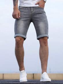 Manfinity Homme Men'S Straight Washed Denim Shorts - Grey - View 5