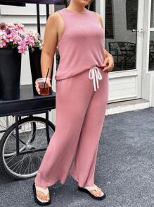 SHEIN Essnce Plus Size Women's Summer Dusty Pink Casual Loose Waffle Sleeveless Two-Piece Pants Set,Smart Casual Everyday Summer Co Ord Outfits - Dusty Pink - View 4