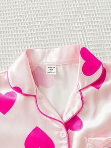 Conjunto de dos piezas casual de short y top de manga corta con estampado de corazones rosados para niñas adolescentes - Multicolor - Ver 3