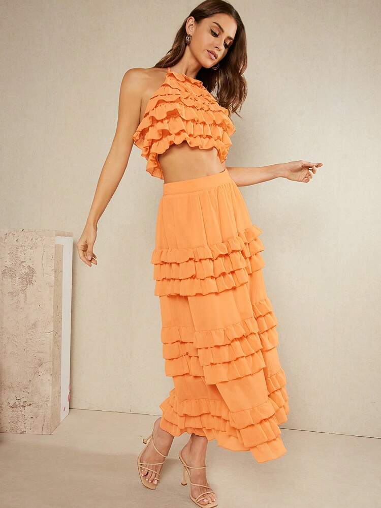 Ruffle Halter Top & Tiered Skirt Two Pieces Set
