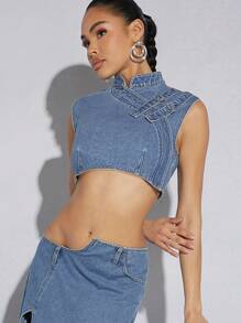 Denimoi Ladies' Shortened Denim Jacket With Metal Buckle - Light Wash - View 3