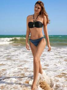 SHEIN Swim Conjunto de bikini liso sin tirantes para damas, playa de verano