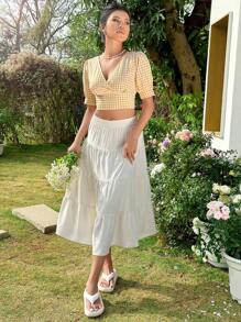 SHEIN Unity Solid Color Cake Shape Long Skirt - Beige - View 5