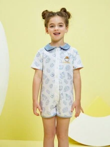 Gudetama X SHEIN Young Girl Cartoon Graphic Romper - Blue and White - View 1