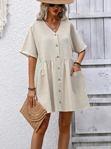SHEIN Holidaya Tuta da donna a manica lunga con scollo a V, colletto alla peter pan e monopetto - Albicocca - Visualizzare 3