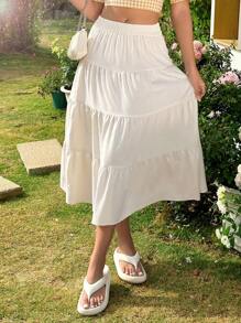SHEIN Unity Solid Color Cake Shape Long Skirt - Beige - View 3