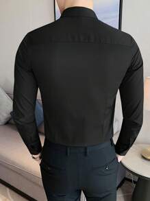 Manfinity Homme Áo sơ mi nam cài nút trơn, Áo sơ mi nam màu đen, Áo sơ mi nam màu đen trơn, Áo sơ mi nam cài nút màu đen, Áo sơ mi nam dài tay màu đen, Mùa thu - màu đen - Xem 2