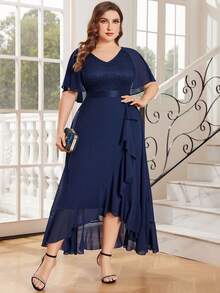 Plus Lace Butterfly Sleeve Chiffon Ruffle Trim Formal Party Long Dress - Navy Blue - View 4