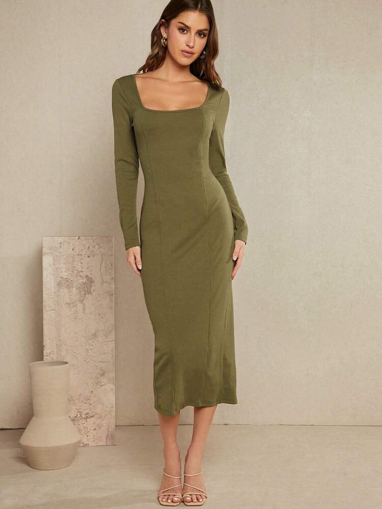 Square Neck Ribbed Knit Long Sleeves Split Hem Dress